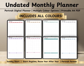 Undated Portrait Monthly Planner Printable | Digital Planner | Multiple Colour Options | A4 PDF