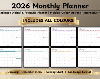 2026 Landscape Monthly Planner Printable | Hyperlinked Digital Planner | Multiple Colour Options | Interactive PDF