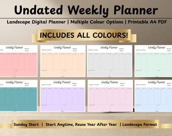 Undated Weekly Planner Printable | Landscape Digital Planner | Multiple Colour Options | A4 PDF