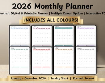 2026 Portrait Monthly Planner Printable | Hyperlinked Digital Planner | Multiple Colour Options | Interactive PDF