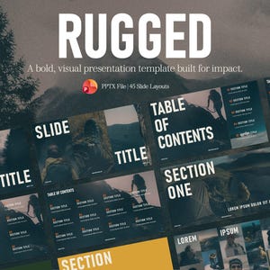 以下が含まれることがあります： 「RUGGED」というタイトルのプレゼンテーションテンプレートで、山のテーマです。テンプレートには、タイトル、目次、セクションのあるスライドが含まれています。PPTXファイルには45のスライドレイアウトがあります。デザインは、屋外環境の人々の画像が特徴です。