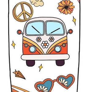 May include: A colorful, retro-style illustration on a white background. The design features a vintage orange and white van, a rainbow, peace sign, heart-shaped sunglasses, and the text "HERE COMES THE SUN".