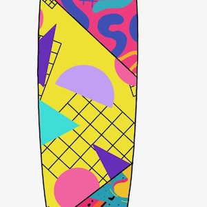 May include: A surfboard with a vibrant 80s-inspired design. The board features a mix of geometric shapes, including triangles, circles, and grids, in a palette of pink, yellow, blue, and orange. The overall aesthetic is bold and retro.