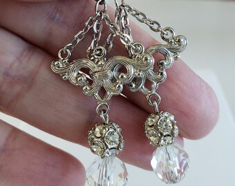 RePurposed Edwardian Revival Faceted Clear Crystal Rhinestone Ball Bead Chain Silver Tone Pierced Earrings Leverback Chandelier