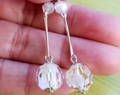 Re Purposed Clear White Givre Glass Bead Silver Tone Pierced Earrings Bar Link Leverback