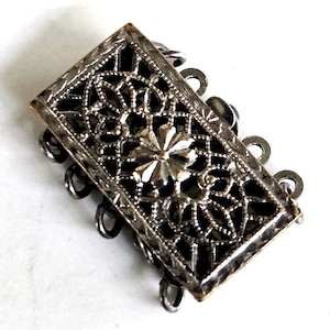 Vintage Silver Tone Plated Floral Filigree Rectangle -Strand Box Clasp 5/8" by 5/16" Missing 2 Jump Rings