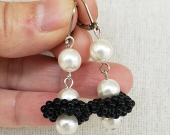 Repurposed Black Glass Beaded & White Faux Pearl Dangle Silver Tone Pierced Earrings 2" Leverback