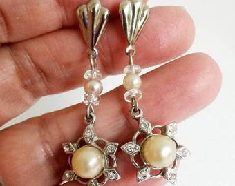 RePurposed Edwardian Revival Faux Pearl Clear Rhinestone Crystal Bead Silver Tone Dangle Pierced Earrings 1-13/16" OOAK  Hollywood Regency