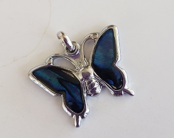 1 Vintage Blue Paua Abalone Shell Butterfly Silver Tone Charm 9/16&quot;
