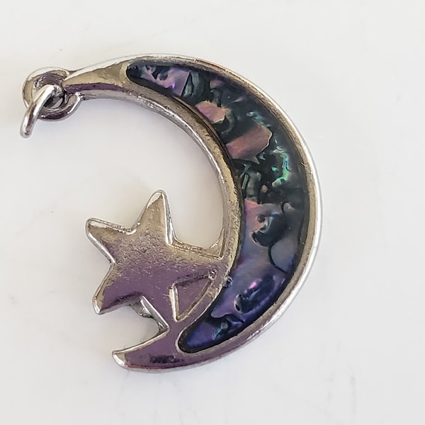 1 Vintage Paua Abalone Shell Moon and Star Silver Tone Charm 13/16"