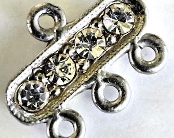 1 Vintage Clear Rhinestone Silver Tone Connector: 3-Strand Necklace/Earring Pendant (Single)