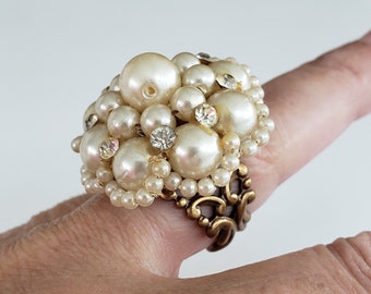 Repurposed Renaissance Revival Gaudy Fx Pearl Bead Clear Rhinestone Cluster Big Adjustable Ring Sized 7.5 Dark GoldTone Bronze Brass Setting