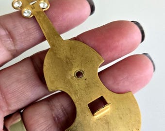 Vintage Brass Cello Stamping: Rhinestone Musical Jewelry (3.5"x1-5/16")