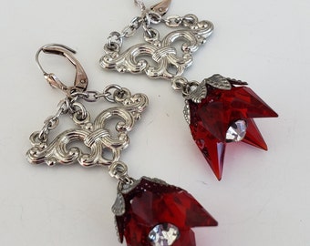 RePurposed Edwardian Revival Red Briolette Crystal Clear Rhinestone Silver Tone Pierced Earrings Leverback Chandelier Dangle