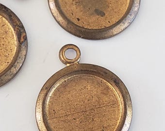 Vintage 5 Piece Lot 7/16&quot; Diameter Round Bezel Raw Brass Blank Charm Holder Setting Mounting Pendant for a Flatback 8mm Stone