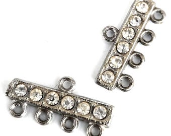 2 Vintage Clear Rhinestone Silver Tone Connector: 3-Strand Necklace/Earring Pendant Pair