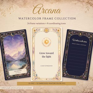 Può includere: Una collezione digitale di cornici ad acquerello Arcana con tre carte rettangolari. La carta a sinistra mostra un paesaggio di lago di montagna sotto una luna. La carta centrale mostra il testo Grow toward the light. La carta a destra ha delle righe.