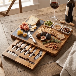 Personalised Charcuterie Board Set with Slate & Cheese Knives, Engraved Acacia Wood Cheese Board, Wedding - Anniversary Gift
