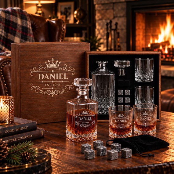 Crystal whiskey decanter + 2 engraved glasses + wooden gift box — a genuinely presentation-worthy set that looks like it cost three times the price.