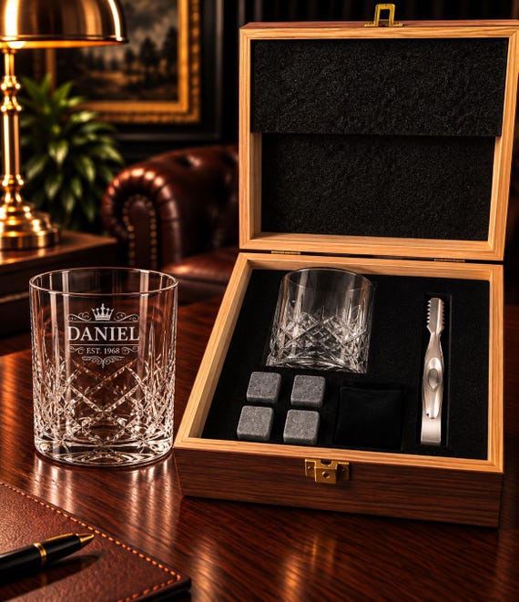 A cohesive, craftsman-assembled whisky gift set — engraved glass, chilling stones, tongs, and a wooden keepsake box that feels like it was actually curated for someone, not grabbed off a shelf.