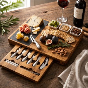 May include: A rectangular wooden cheese board with a slide-out drawer containing stainless steel serving utensils. The board features a black slate inlay holding cheese, prosciutto, and honeycomb, alongside crackers, figs, olives, and nuts.