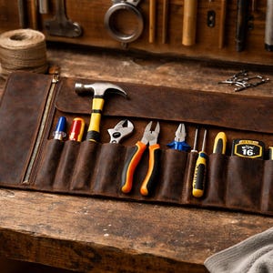 May include: A brown leather tool roll containing various tools such as a hammer, pliers, and screwdrivers. The tools are stored in individual pockets. A tape measure shows the number 16.