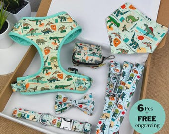 Conjunto de arnés para perro con diseño de dinosaurio: collar ajustable, correa, pajarita, pañuelo y bolsa para excrementos.