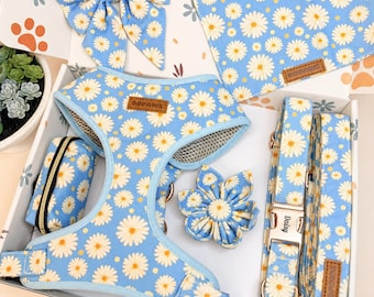 Personalized Blue Daisy Dog Harness, Collar, Leash Set, Engraved Buckle