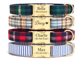 パーソナライズされたチェック柄タータンチェックの犬用蝶ネクタイ首輪リードセット - 無料刻印バケツ