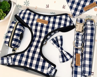 Designed Picnic Dog Harness Collar Leash Set, Personalized Engraved Buckle, Adjustable Vest