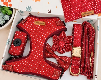 Red Polka Dog Harness, Collar, Leash Set, Personalized Engraved Buckle, Adjustable Vest Harness