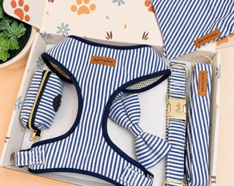 Designed Blue White Stripe Dog Harness Collar Leash Set, Personalized Engraved Buckle, Adjustable Vest