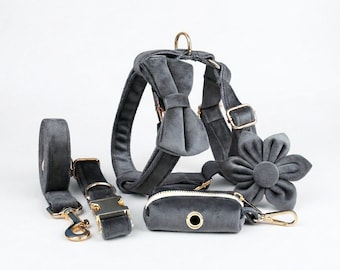Personalized No Pull Dog Harness Collar Leash Dark Grey Velvet Set - Engravable Bucket