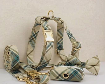 Personalized Coastal Plaid Dog Collar Harness Set with Leash & Bowtie