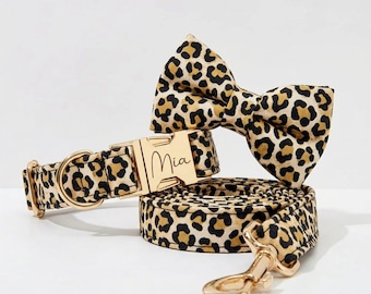 Personalisiertes Leopard Samt Hundehalsband und Leinen Set, eingravierte Namensschnalle