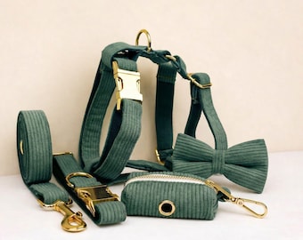 Personalized No Pull Dog Harness Collar Leash Dark Green Corduroy Set - Engravable Bucket