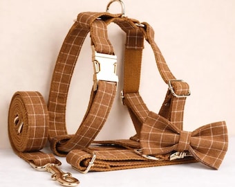 Personalized No Pull Dog Harness Collar Leash Classic Brown Plaid Set - Engravable Bucket