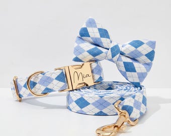 Personalized Dog Collar Leash Harness Classic Blue White Plaid Checked Set With Bowite - Engravable
