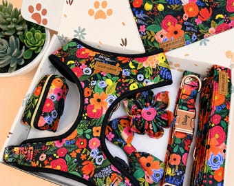 Personalized Midnight Floral Dog Harness Collar Leash Set, Personalized Engraved Buckle, Adjustable Vest