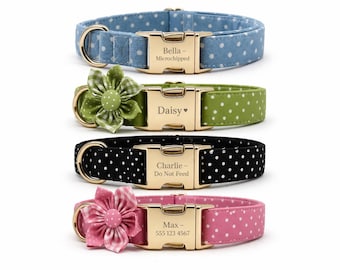 Personalized Polka Dot Dog Collar & Leash Set, Custom Engraved Buckle Pet Accessory