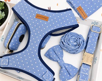 Personalized Blue Polka Dot Dog Harness Collar Leash Set, Personalized Engraved Buckle, Adjustable Vest