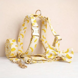Personalized No Pull Dog Harness Collar Leash Banana Print Cotton Set - Engravable Bucket