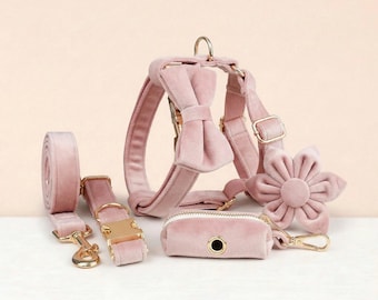 Personalized No Pull Dog Harness Collar Leash Pale Pink Velvet Set - Engravable Bucket