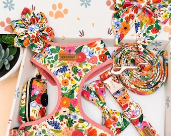 Personalized Spring Floral Dog Harness Collar Leash Set, Personalized Engraved Buckle, Adjustable Vest