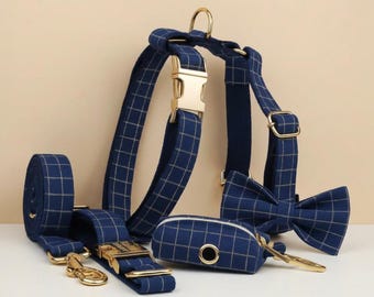 Personalized Dark Blue Plaid Dog Collar Leash Harness Set – Custom Engraved Pet Walking Gift