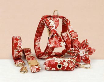 Personalized No Pull Dog Harness Collar Leash Ruby Bloom Floral Set - Engravable Bucket
