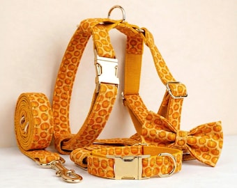 Personalized No Pull Dog Harness Collar Leash Halloween Pumpkin Print Set - Engravable Bucket