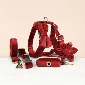 Personalized No Pull Dog Harness Collar Leash Crimson Red Velvet Set - Engravable Bucket