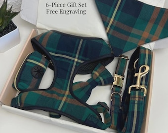Conjunto personalizado de arnés, collar y correa a cuadros para perro – Paquete de 6 piezas a juego para mascotas
