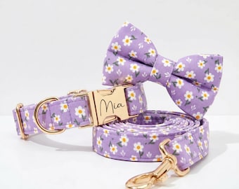 Personalized Dog Collar Leash Harness Soft Purple Daisy Blossom Floral Set - Custom Bucket